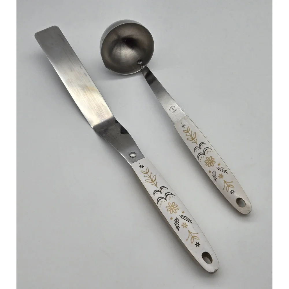 Vintage Flint Stainless Floral‎ Kitchen Ladle Spatula MCM Retro 70s Melamine USA